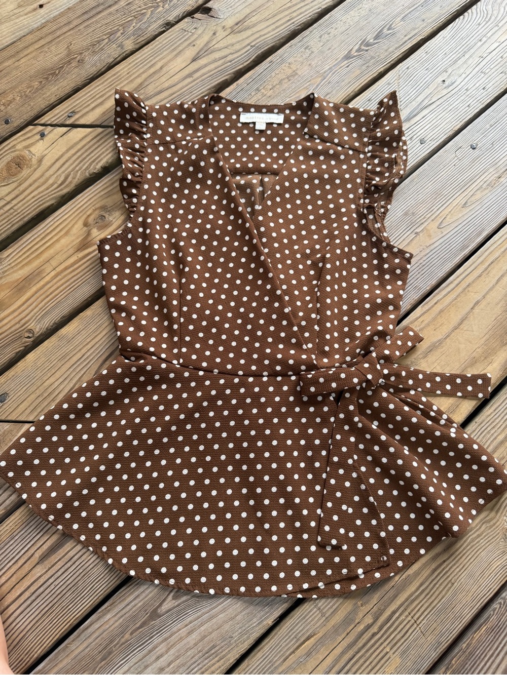 Monteau Los Angeles Brown White Polka Dot Wrap Peplum Blouse Size Large